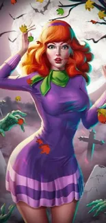 Cartoon character in purple dress in spooky graveyard with green hands.