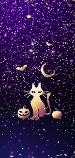 Mystical Halloween cat with stars and pumpkins on a purple background.