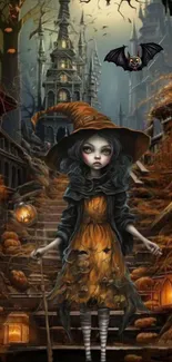 Mystical young witch in a Halloween forest with bats and pumpkins.