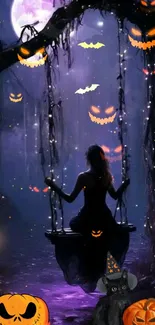 Silhouette on swing with glowing pumpkins in a mystical Halloween night scene.