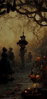 Halloween night wallpaper with pumpkins, lanterns, and a spooky forest scene.