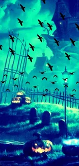 Mystical Halloween night wallpaper with a haunted house and flying birds.