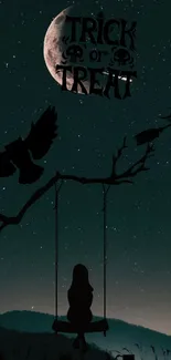 Silhouette swing under starry sky with Trick or Treat text.