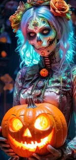 Woman with face paint holding a carved pumpkin glowing eerily.