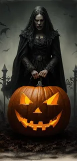 Mystical figure with a glowing carved pumpkin and flying bats on a Halloween night.