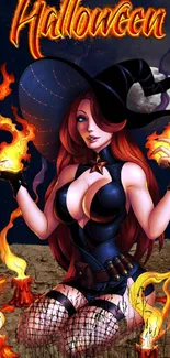 Halloween witch with fiery magic in dark forest wallpaper.