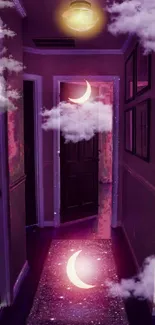 Mystical purple hallway with crescent moons and clouds.