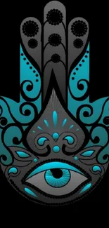 Mystical Hamsa hand design with blue details on a black background.