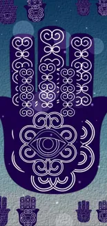 Mystical Hamsa with intricate design on a blue gradient background.