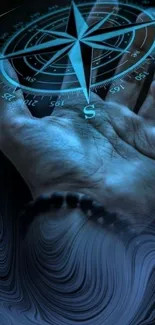 A mystical compass glowing in a hand, set against a blue swirling background.