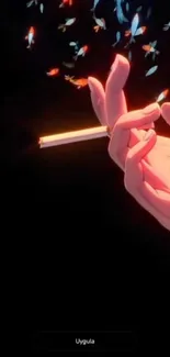 Hand holding a wand surrounded by glowing lights.