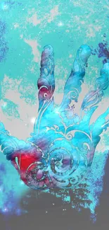 Mystical turquoise hand design wallpaper with intricate patterns and vibrant colors.