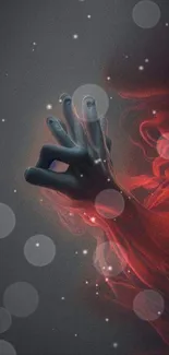 Mystical hand intertwined with red smoke art design.