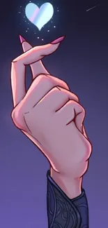 Hand with a glowing heart on a purple background.