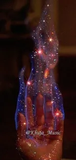 Hand with glowing stardust flames in a mystical fantasy theme.