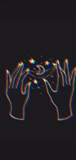 Abstract neon hands with stars on black background.