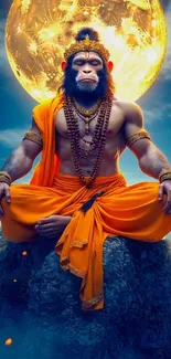Mystical artwork of Hanuman meditating with a celestial background.