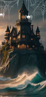 Mystical haunted castle with ocean waves and halloween decor.