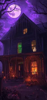 Mystical haunted house under a purple moonlit sky.