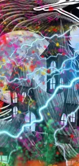 Mystical haunted mansion with lightning and colorful background.