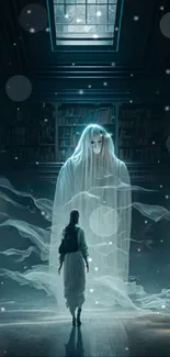 Ghostly figure in dimly lit gothic library setting wallpaper.