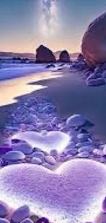 A mystical heart shape glowing on a serene beach during sunset.