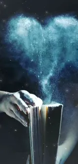 Heart-shaped dust over book in dark blue mystical scene.