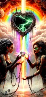 Two mystical figures with hearts in a colorful fantasy scene.