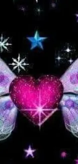 Mystical fantasy wallpaper with a pink heart and stars.