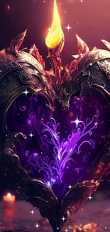 Mystical heart with glowing flame wallpaper for mobile screen.