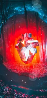 Glowing geometric heart in a red mystical forest.