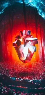 Mystical geometric heart in a glowing forest setting.