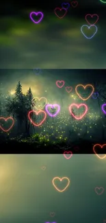 A mystical forest with glowing hearts in vibrant colors.