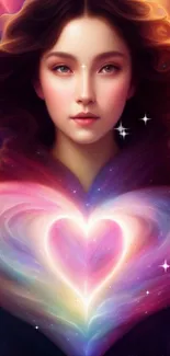 Mystical heart with cosmic galaxy background in vibrant colors.