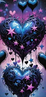 A mystical heart and star galaxy wallpaper with purple and blue hues.