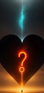 Heart silhouette with luminous glow and question mark on a cosmic background.