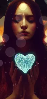 Woman holding glowing heart in mystical wallpaper.