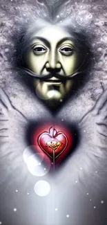 Mystical wallpaper with iconic face and heart design in surreal art style.