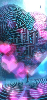 Mystical heart-shaped labyrinth with blue hues.