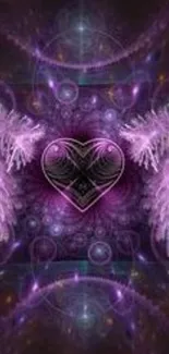 Mystical purple heart wallpaper with ethereal wings and intricate patterns.