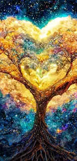 Heart-shaped tree against a vibrant cosmic background, full of color and fantasy elements.