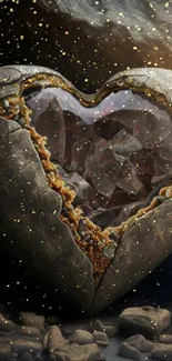 Heart-shaped stone with mysterious cracks on a dark background.