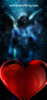 Mystical wallpaper with red heart and angelic figure on dark cosmic background.