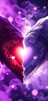 Artistic heart formed by angel wings in purple hues.