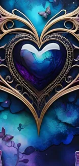 Mystical heart design with butterflies in a blue and purple theme.