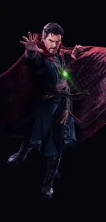 Dynamic superhero in dark mystic attire with glowing aura.