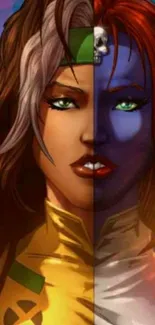 Duality of mystical heroines in vibrant comic art style.