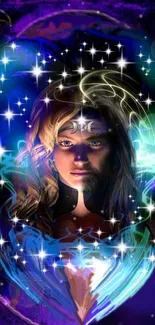 Mystical heroine amidst vibrant stars and celestial lights.