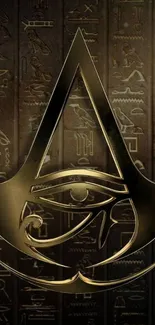 Golden emblem on hieroglyphic background wallpaper.