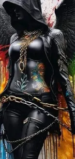 Hooded angel with colorful wings and surreal design.